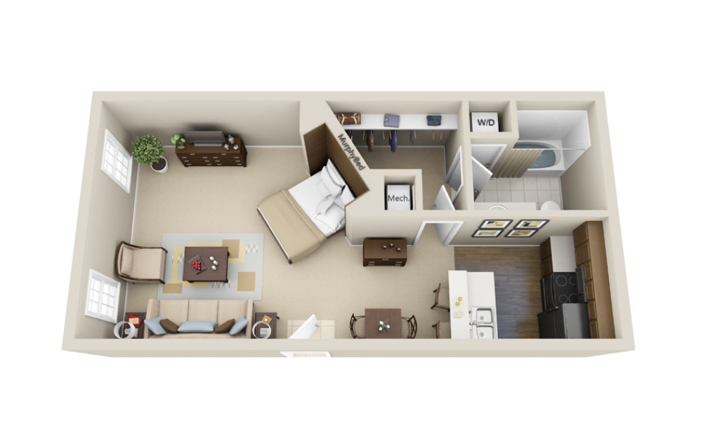 The Vulcan - Studio floorplan layout with 1 bath and 550 square feet.